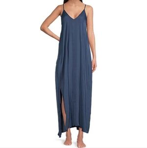 Van Winkle & Co Blue Solid Washed Satin Sleeveless V Neck Maxi Chemise Dress